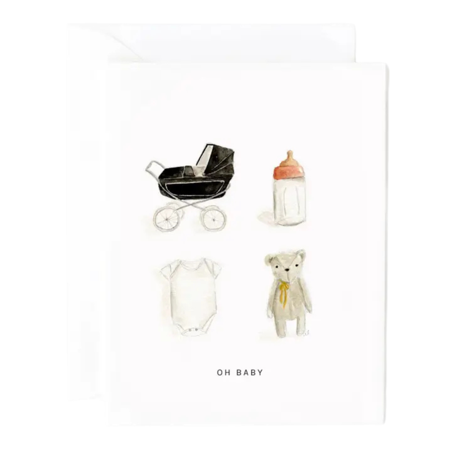 A greeting card with a set of watercolor baby items including a pram, baby bottle, onesie, and teddy bear captioned "oh baby"