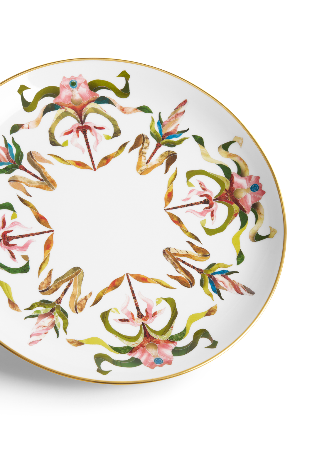 A white porcelain plate with floral patterns and a gold rim