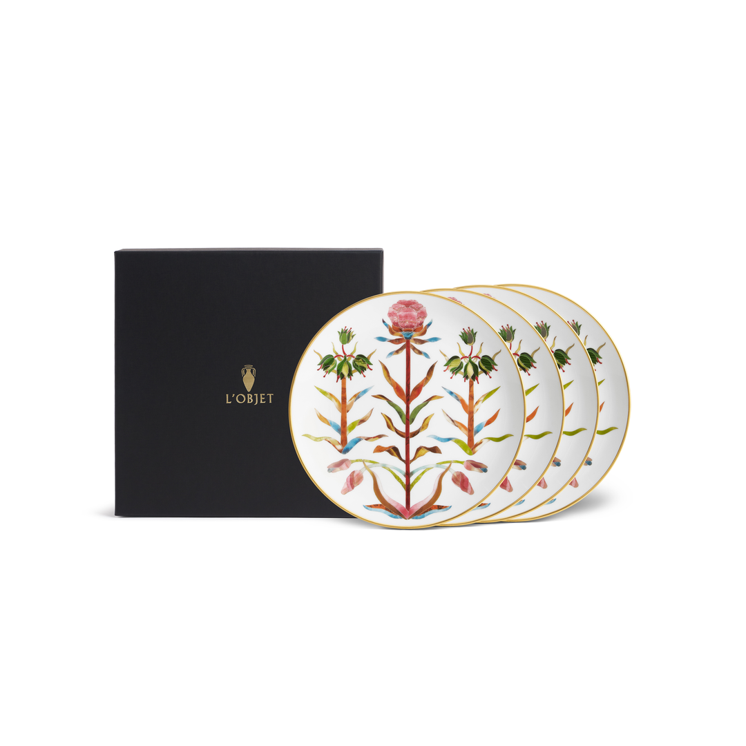 Set of three decorative plates with floral design next to a black box labeled 'L'Objet'