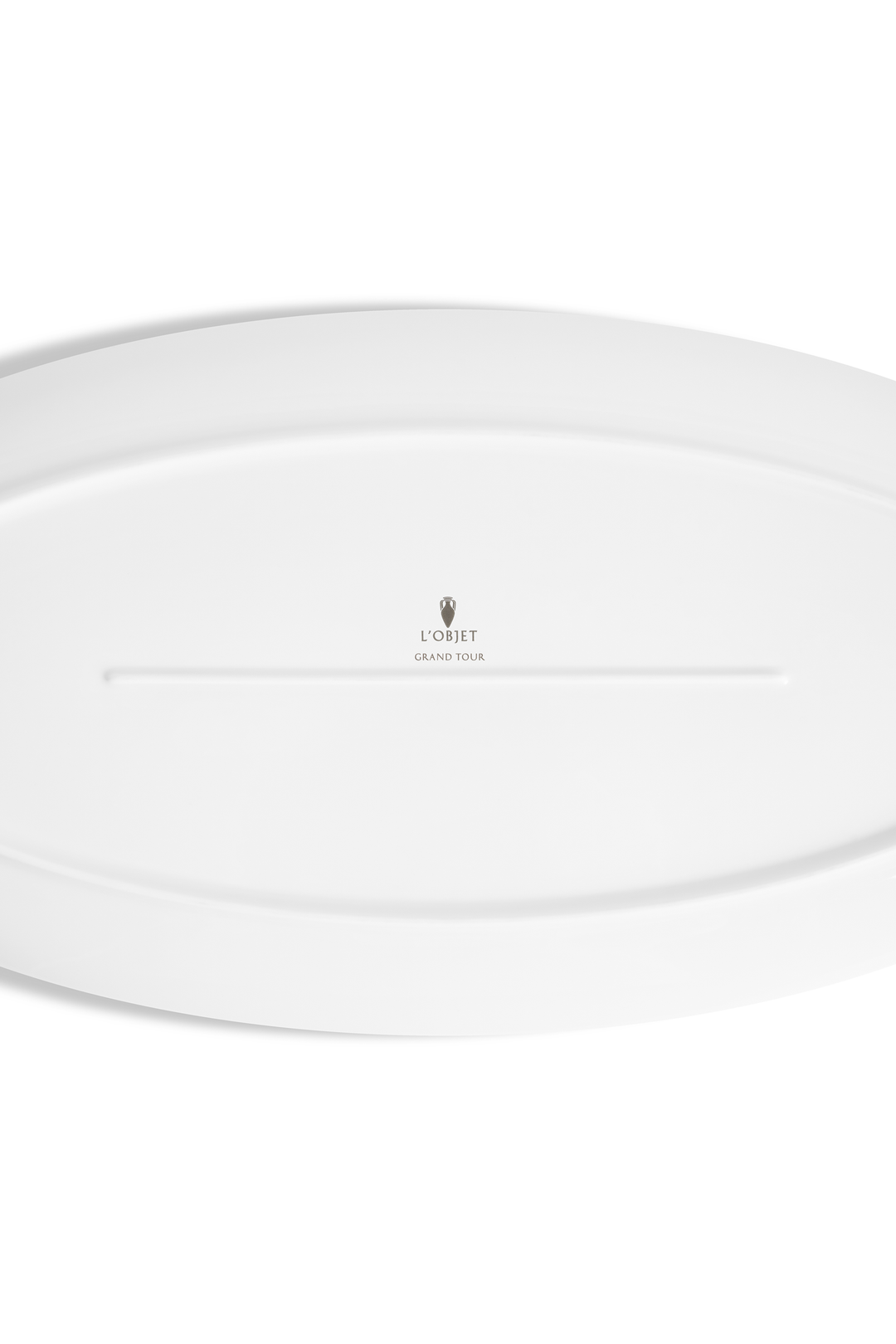 the bottom of a porcelain platter with the L'Objet logo and the words "rand TOur" imprinted