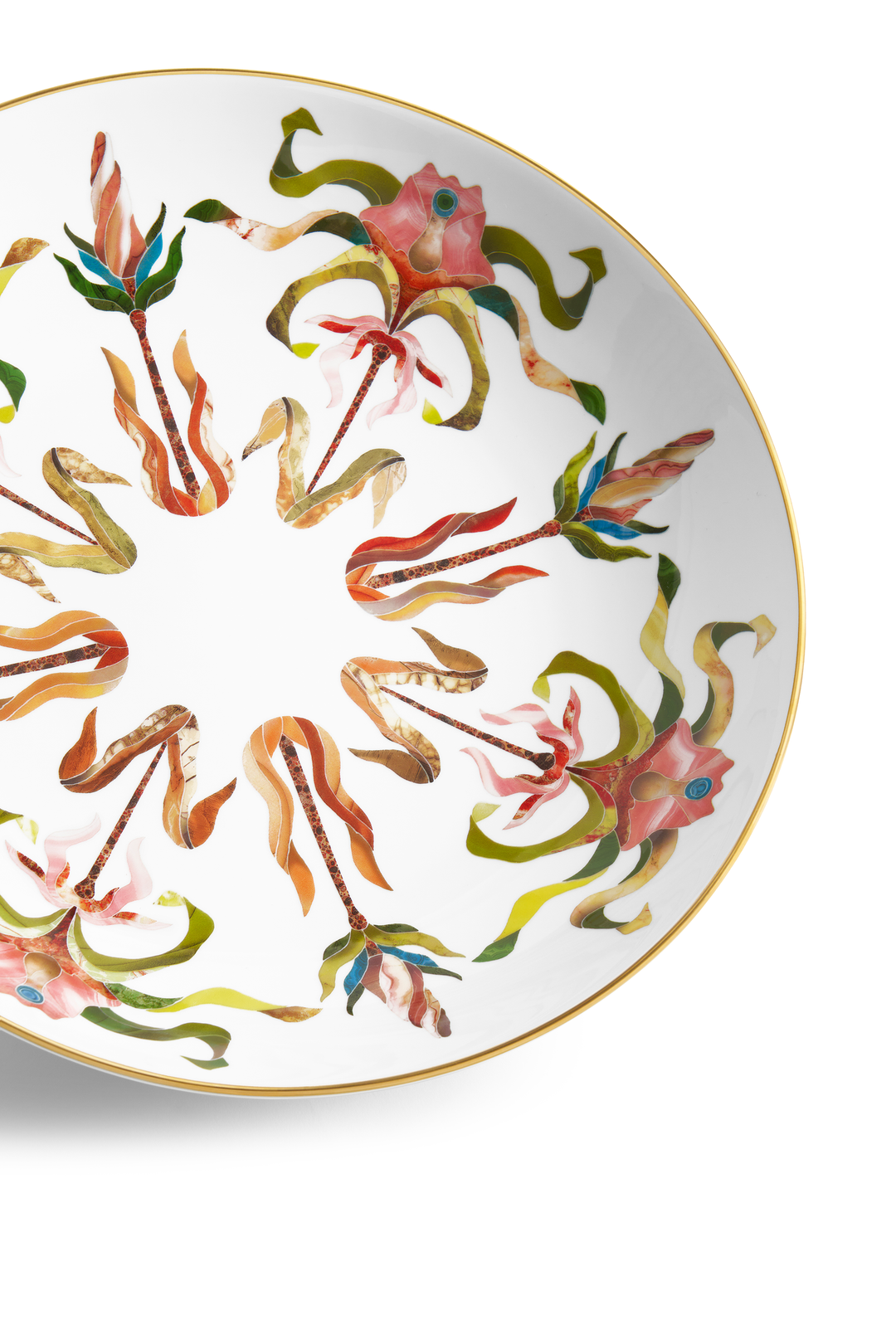 A white porcelain saucer with a gold rim and painted floral motifs