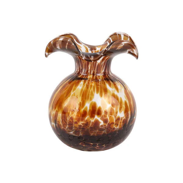 A brown speckled tortoise glass vase with a flared rim 