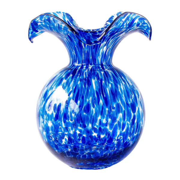 Blue glass vase with speckled marbled pattern