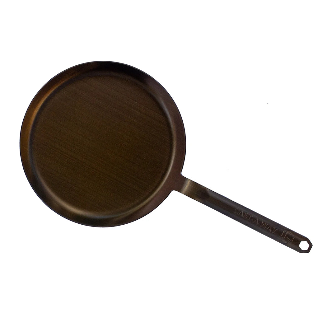 carbon steel hoecake pan with a long handle