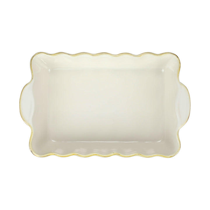 Rectangular ceramic baker with scalloped edge on a white background
