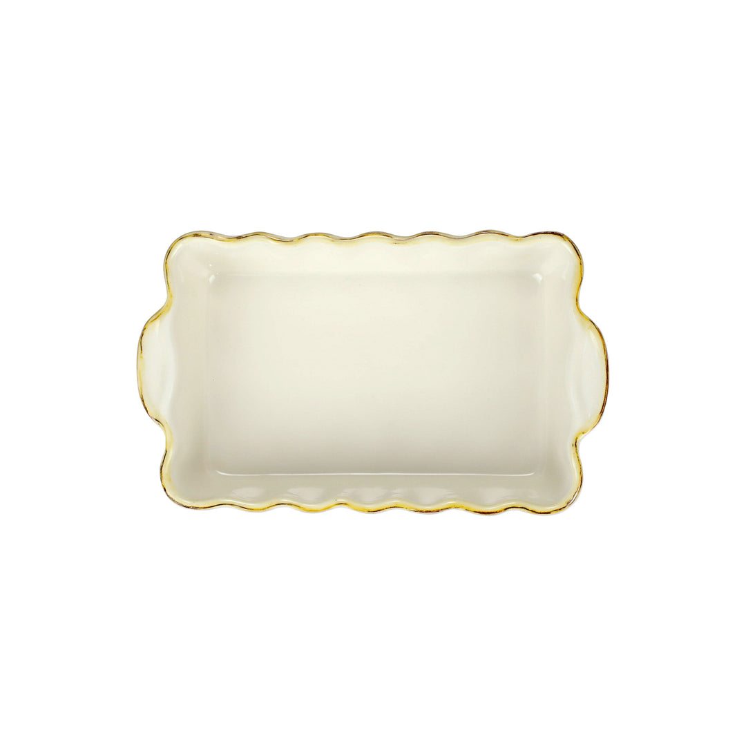 Rectangular ceramic baker with scalloped edge  on a white background