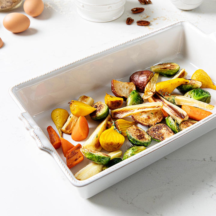 Juliska Berry & Thread Whitewash Rectangular Baker 13" with roasted vegetables