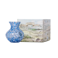 Load image into Gallery viewer, Juliska Puro Blue Vase 6 inch glass spotted with white and blue in front of Juliska product box

