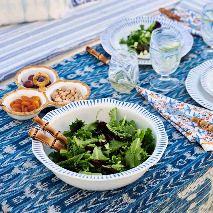 Juliska Sitio Stripe Delft Blue Serving Bowl with bamboo flatware bamboo triple server juliska marbled blue wineglass