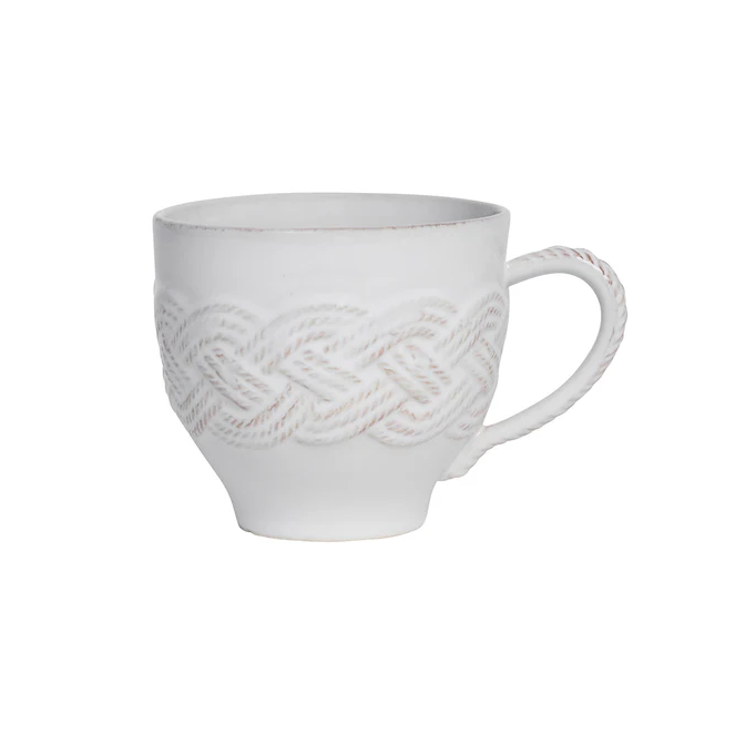 White ceramic mug with braided design 