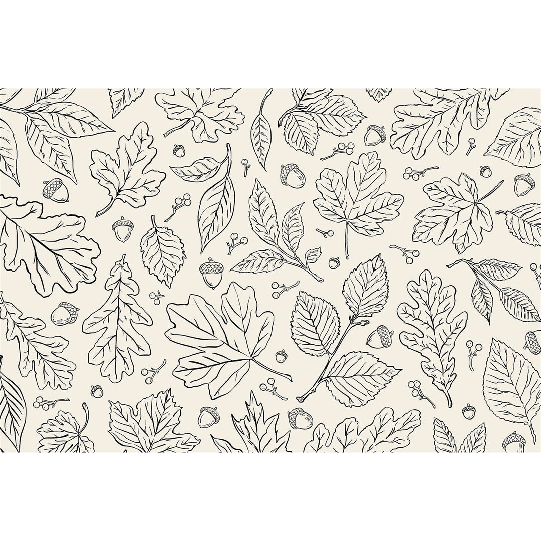 A repeating seamless pattern of hand-drawn black line art botanical elements, including leaves, acorns, and small berries, on a warm off-white background.