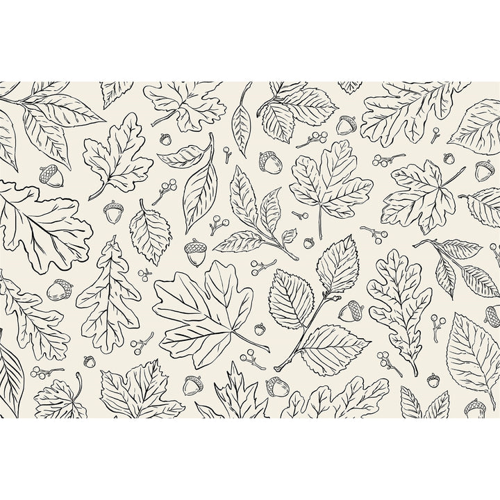 A repeating seamless pattern of hand-drawn black line art botanical elements, including leaves, acorns, and small berries, on a warm off-white background.