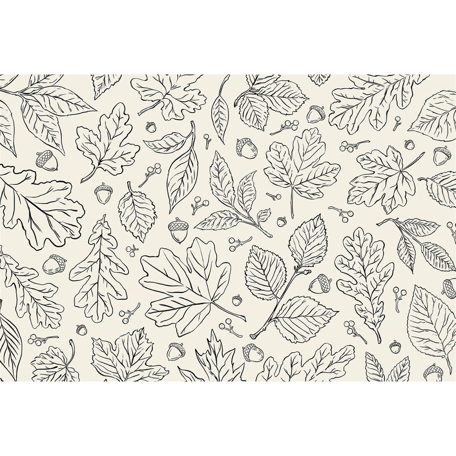 A repeating seamless pattern of hand-drawn black line art botanical elements, including leaves, acorns, and small berries, on a warm off-white background.