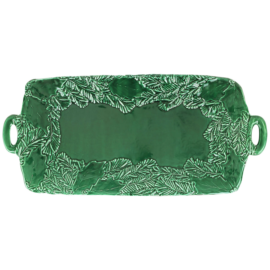 Green ceramic tray with holly pattern on a white background