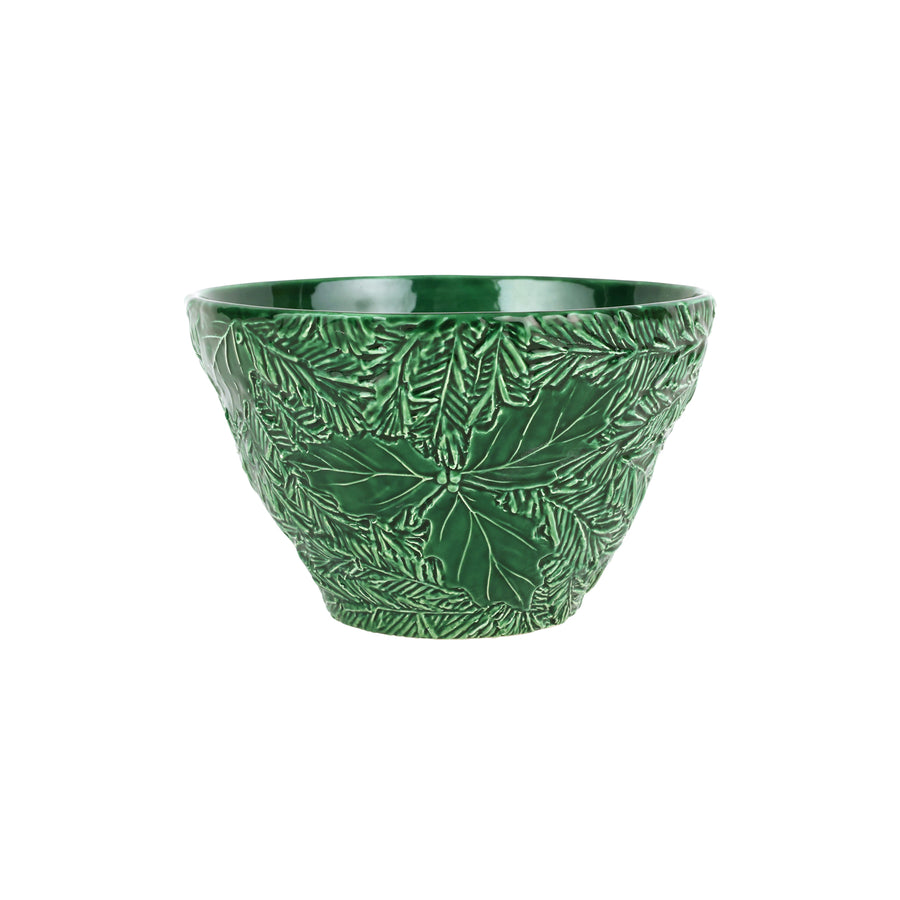 Green ceramic bowl with holly leaf pattern on a white background