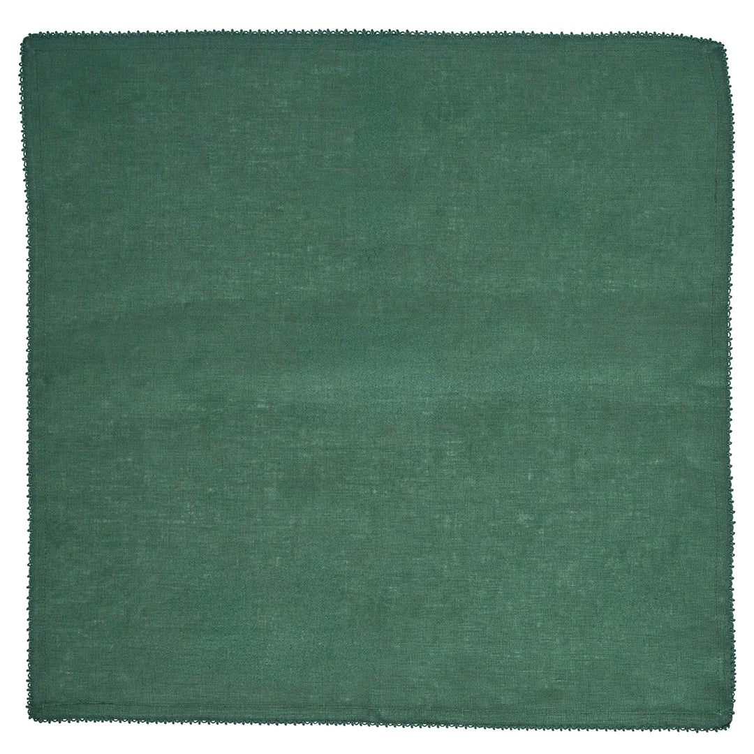 A square dark green fabric cloth with a textured weave and a serrated or frayed edge