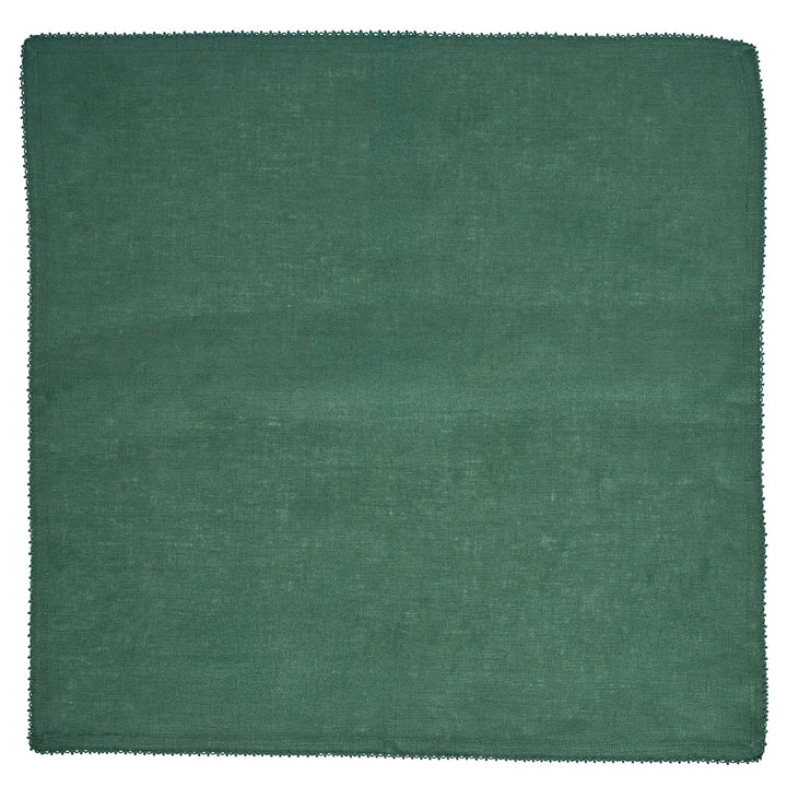A square dark green fabric cloth with a textured weave and a serrated or frayed edge
