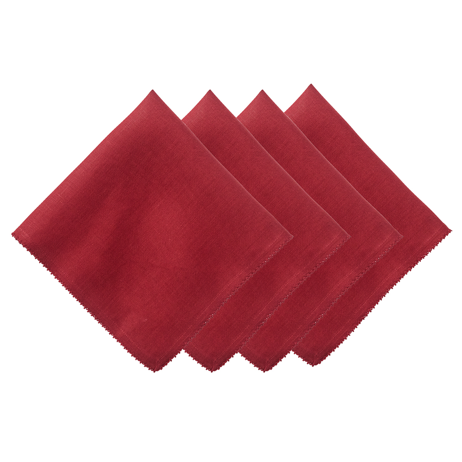 Four red napkins arranged in a row