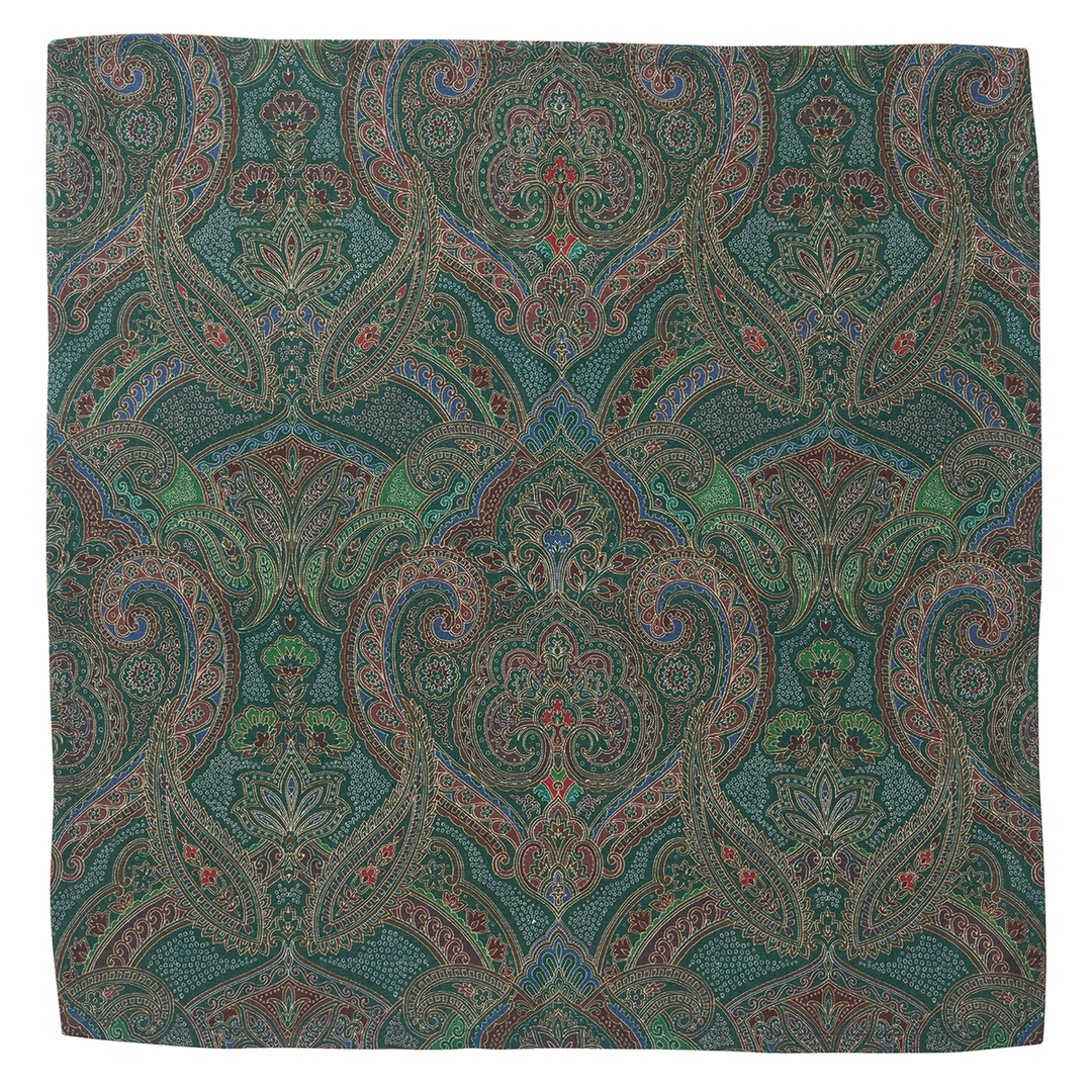 A square scarf featuring an intricate, symmetrical paisley pattern in shades of teal, green, brown, and red
