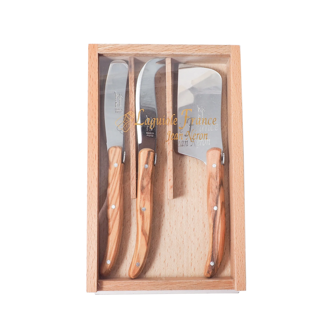 Laguiole Olivewood Mini Cheese Knives in Wooden Box w/ Acrylic Lid