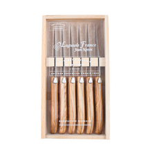 Load image into Gallery viewer, Laguiole Olivewood Steak Knives in Wooden Box w/ Acrylic Lid
