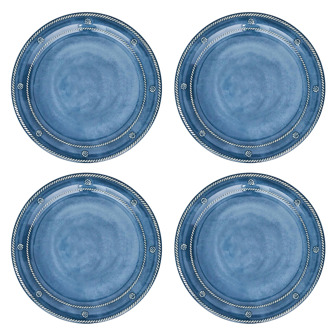 Four blue ceramic plates with decorative berry and thread rims 