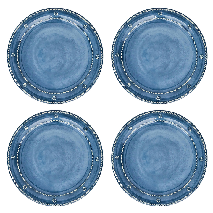 Four blue ceramic plates with decorative berry and thread rims 
