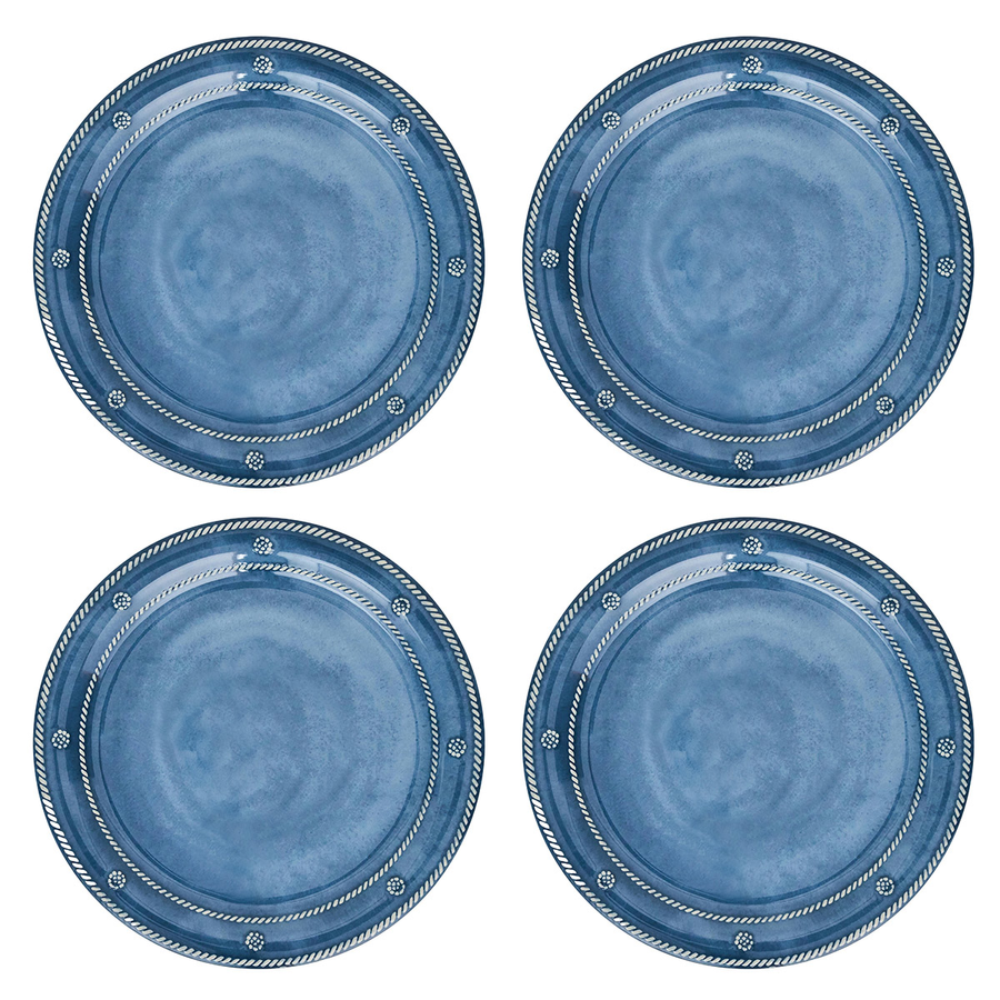 Four blue ceramic plates with decorative berry and thread rims 