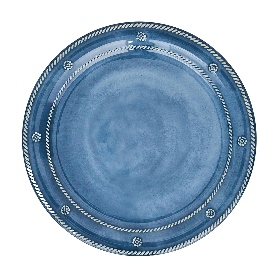 Blue ceramic plate with decorative berry and thread rim 