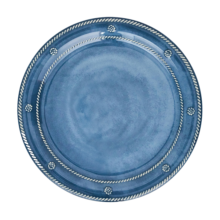 Blue ceramic plate with decorative berry and thread rim 