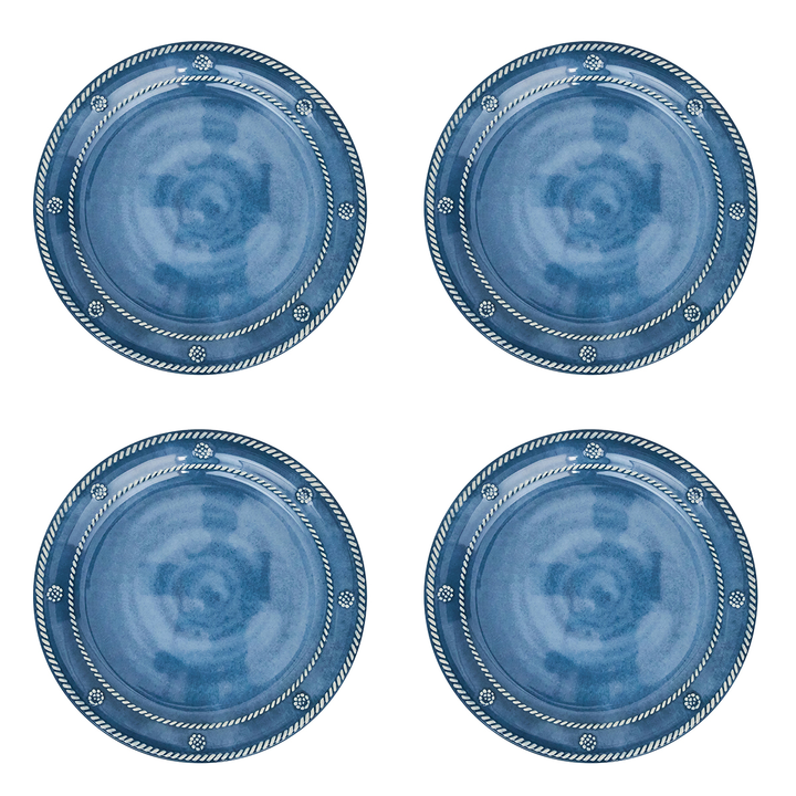 Set of four blue ceramic plates with decorative rims