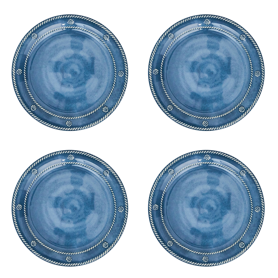 Set of four blue ceramic plates with decorative rims