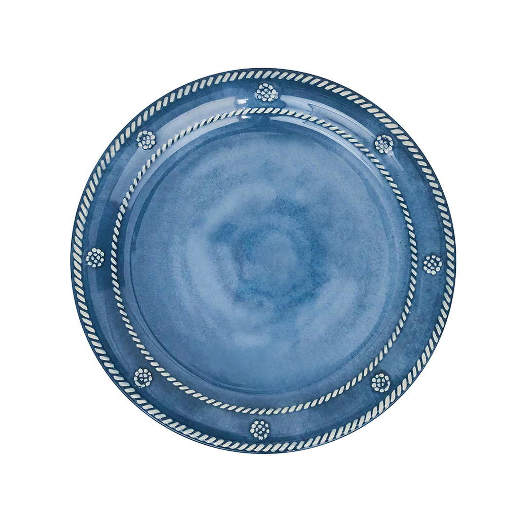 Blue ceramic plate with decorative rim 