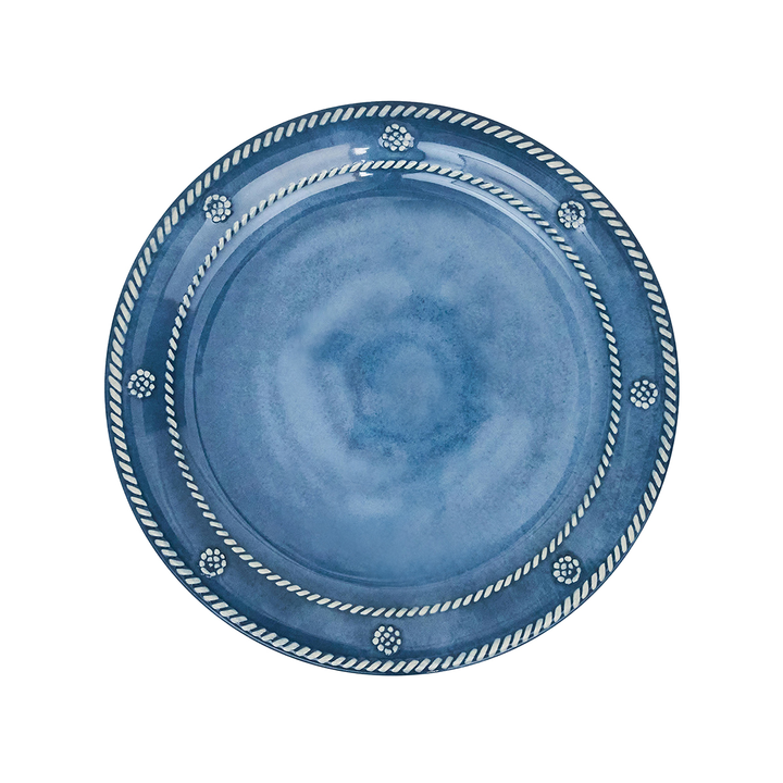 Blue ceramic plate with decorative rim 