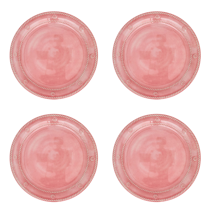 Four round pink plates arranged in a 2x2 grid on a plain white background. Each plate has a rope-style rim and small decorative motifs near the edge.