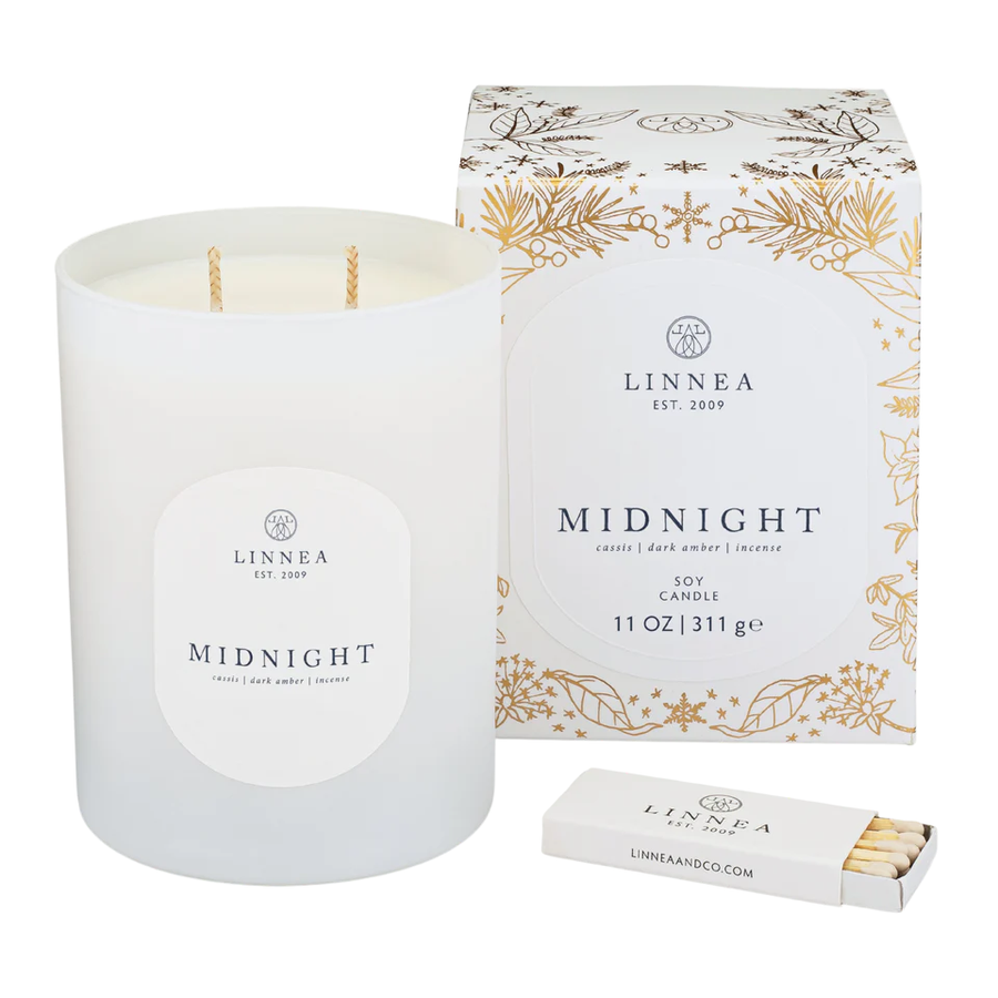 LINNEA Midnight candle with gilded holiday packaging and matches on a white background