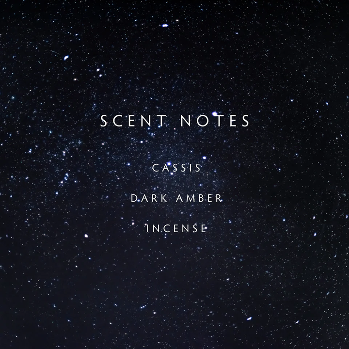 Text 'SCENT NOTES CASSIS DARK AMBER INCENSE' on a starry night sky background