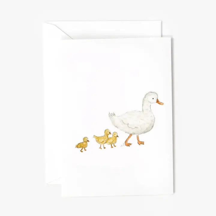 Greeting card with a duck and two ducklings on a white background