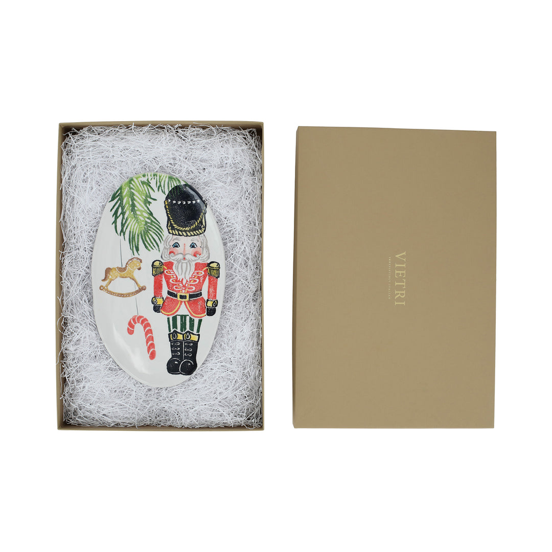 Decorative oval platter with nutcracker design by vietri in a gift box