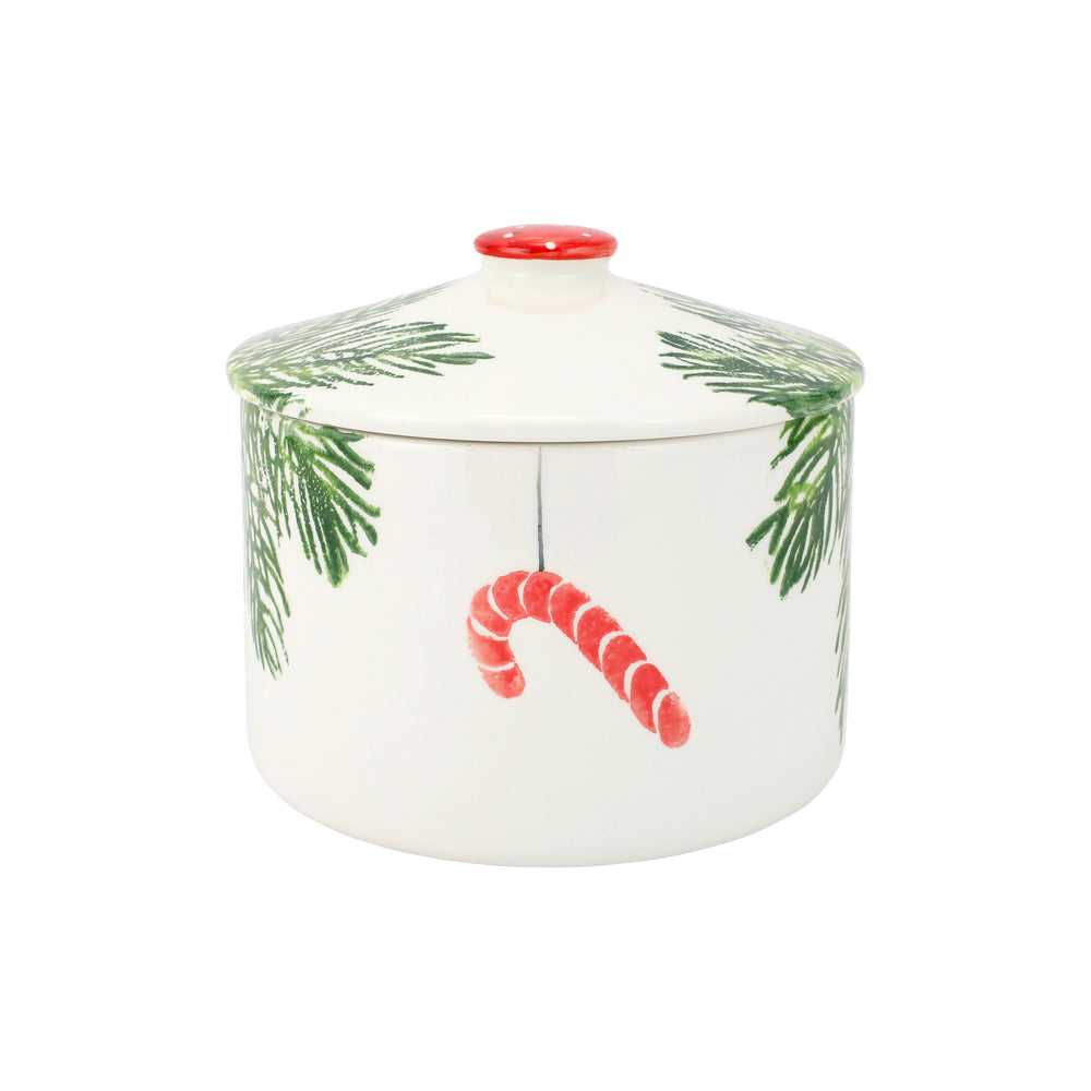 Decorative ceramic jar with Christmas design on a white background