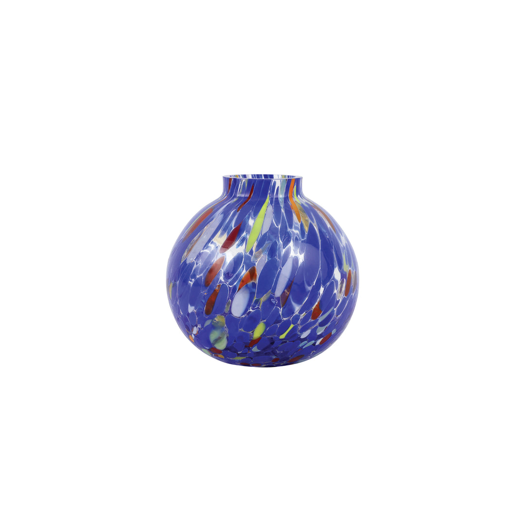 Decorative blue glass vase with multicolored swirls 