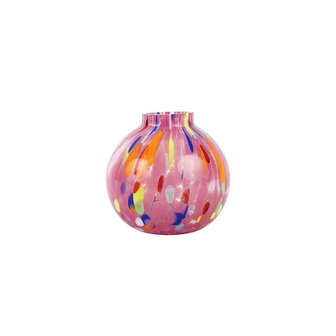 pink glass vase with speckles of other colors