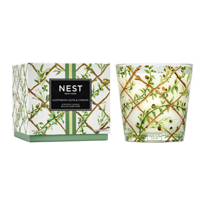 Nest candle santorini olive and citron trellace branch artwork on candle and box