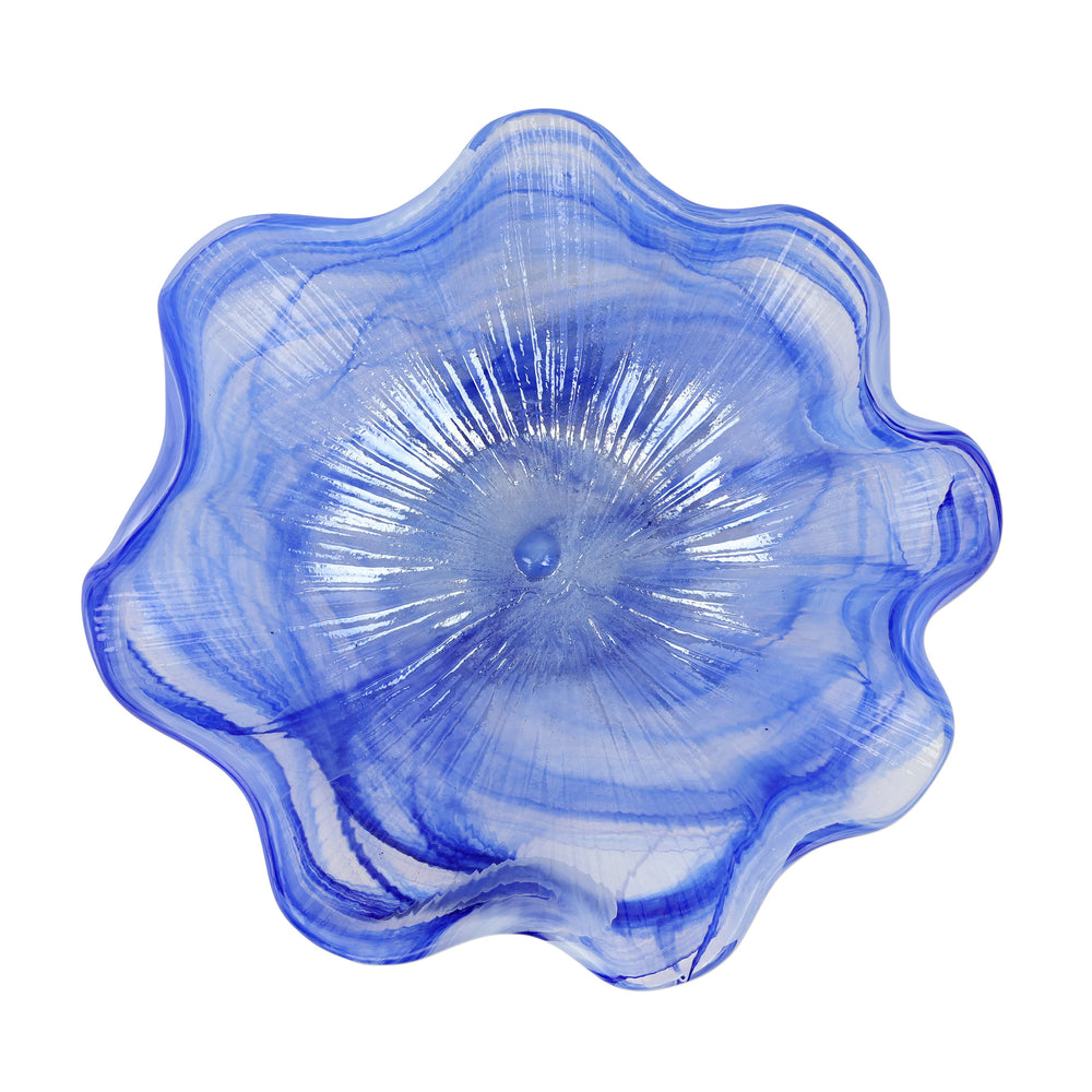 top view of blue white ruffles glass dish