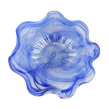 Load image into Gallery viewer, top view of blue white ruffles glass dish
