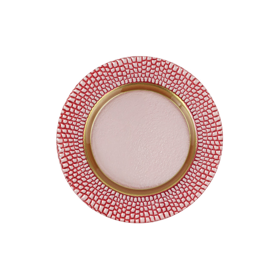 Decorative plate with red patterned rim and gold center 