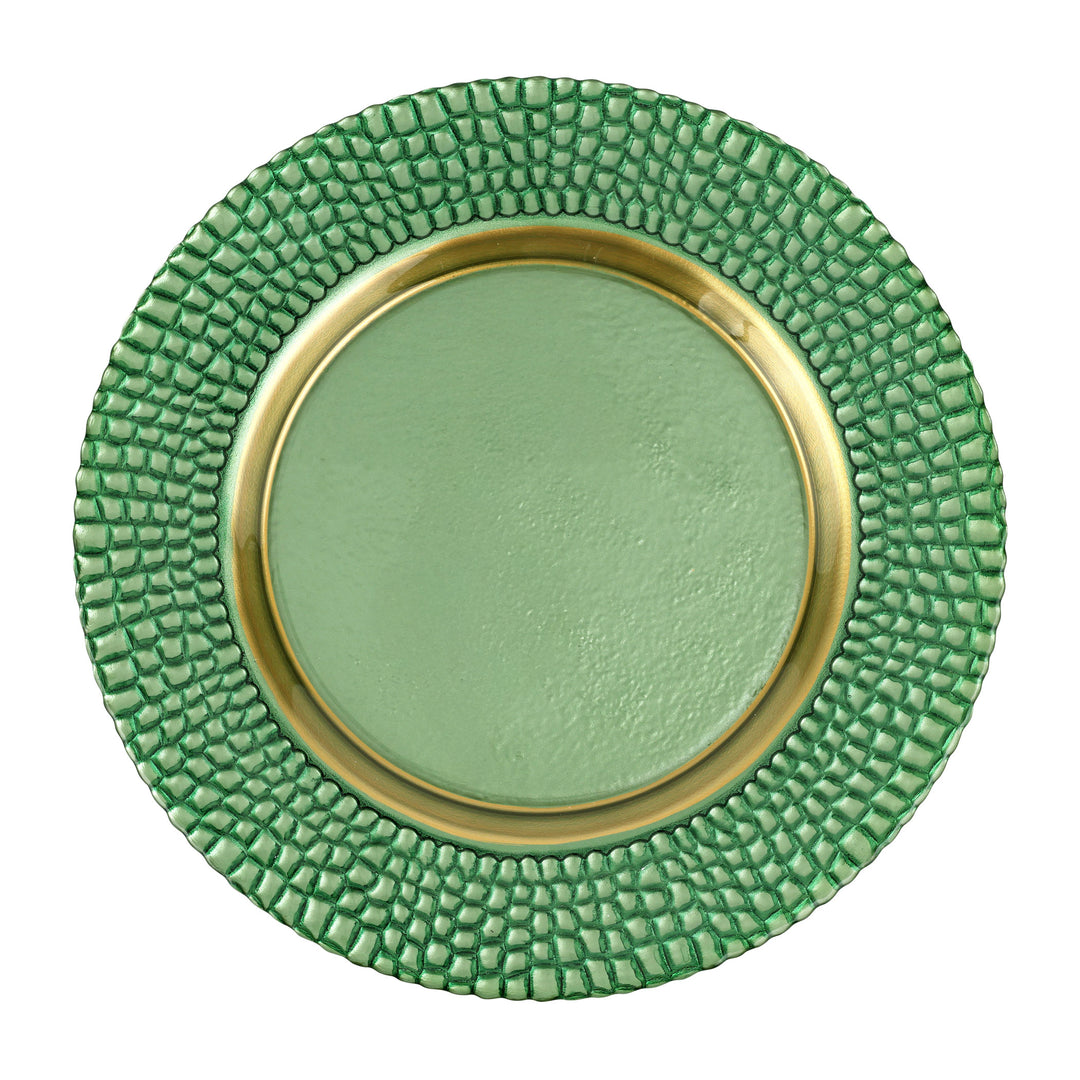 Green ceramic plate with textured rim and gold accent 