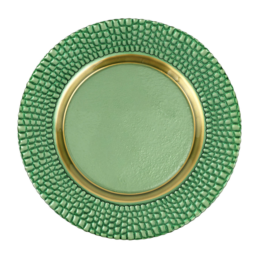 Green ceramic plate with textured rim and gold accent 