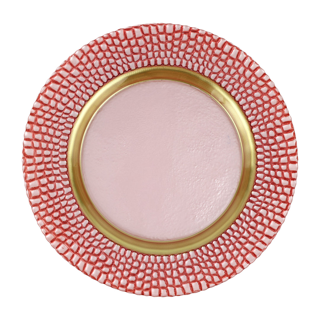 Decorative plate with red and pink textured rim and gold center 