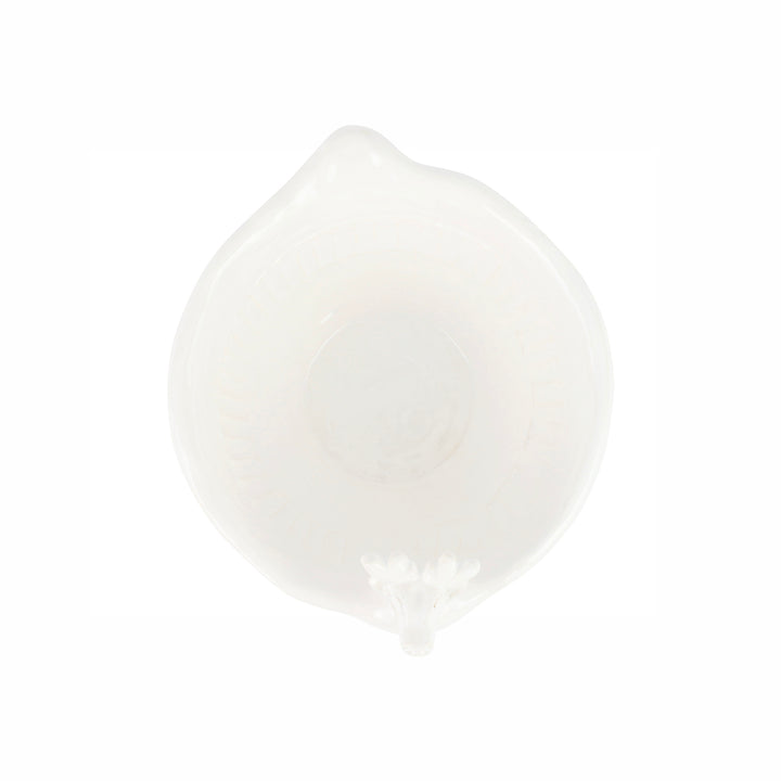 top view of white ceramic reindeer bowl on a white background